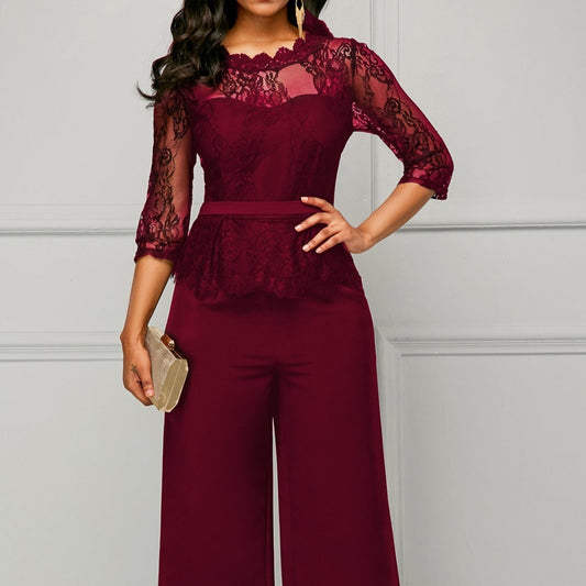 Damen gerader Jumpsuit mit hoher Taille und Spitze