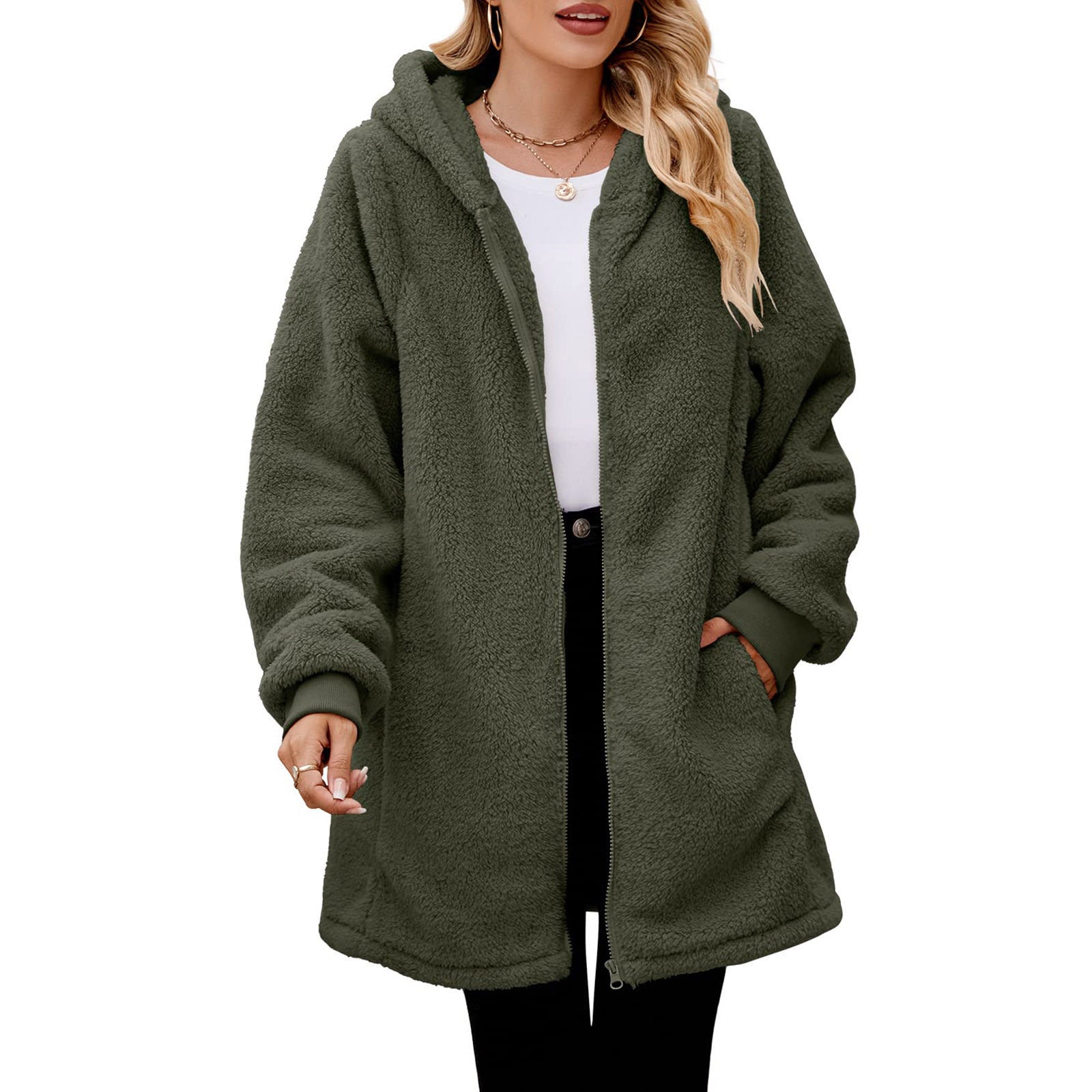 Warme lange Strickjacke mit Kapuze