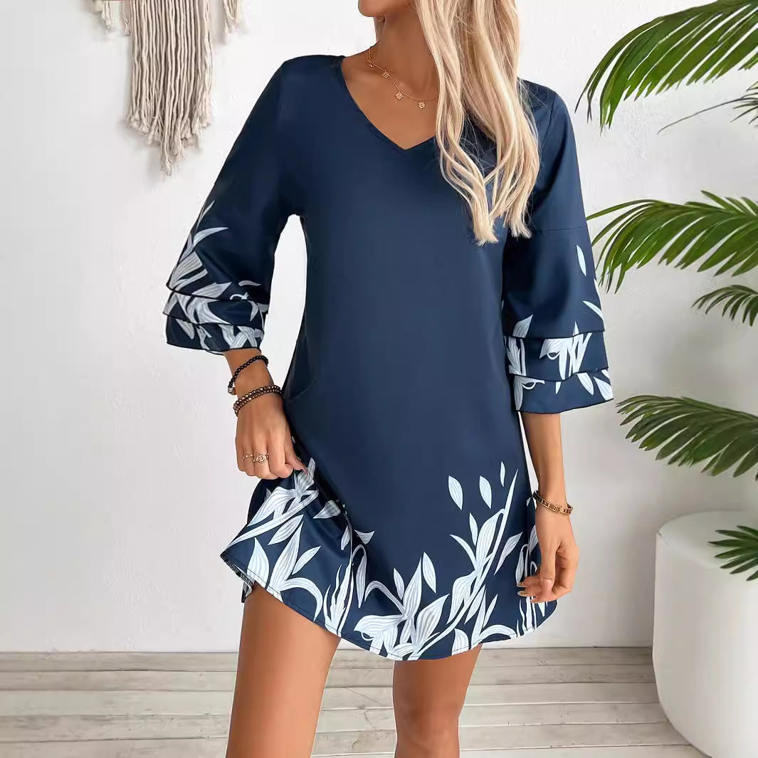 Damen Mode Lotus Ärmel floral Print Kleid