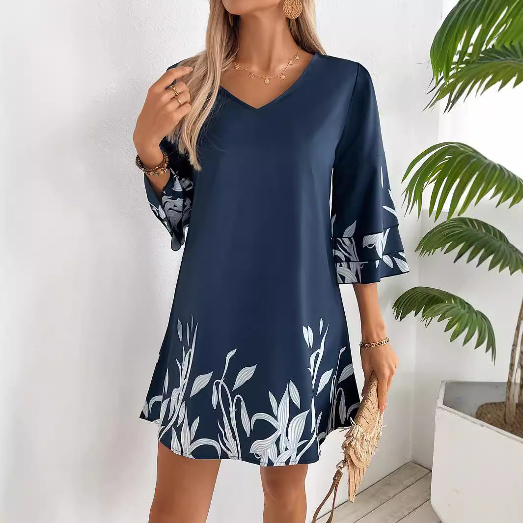 Damen Mode Lotus Ärmel floral Print Kleid