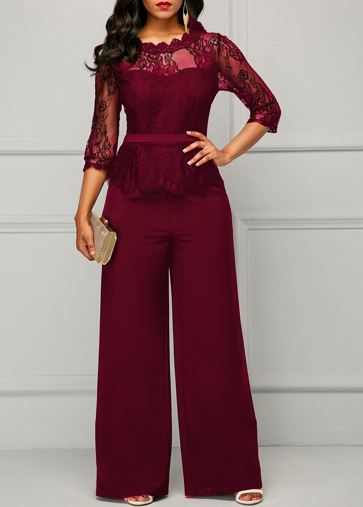 Damen gerader Jumpsuit mit hoher Taille und Spitze